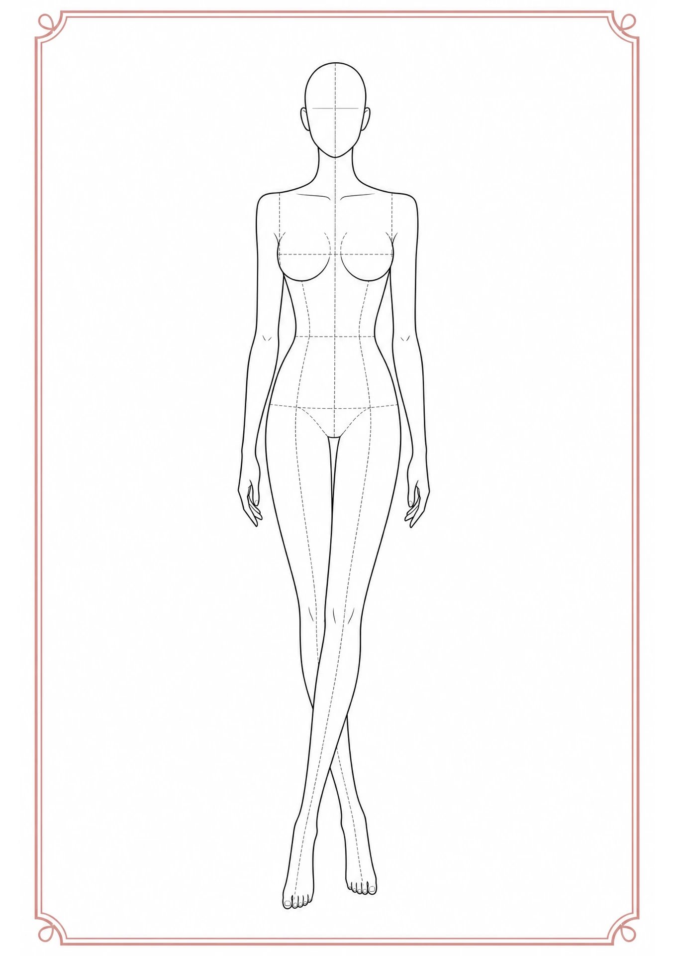 Base de pose feminina de frente com linhas de proporção